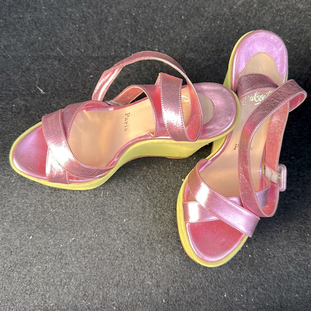 Christian Louboutin wedges in metallic pink leather & lime green suede. Size 36